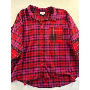 Plaid Button-Down Shirt By Studio Park Size 2X Red & Pink Checkered Pattern